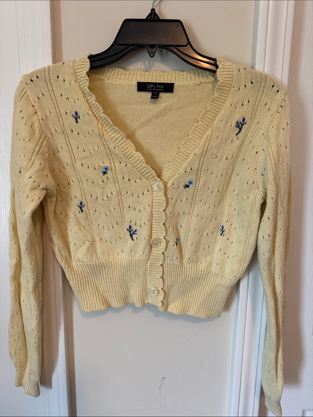 Wit & Fox Pale Yellow Embroidered V-Neck Cardigan